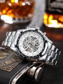 Men Hollow Out Round Pointer Mechanical Watch As A Gift For Students Returning To School - White - View 2