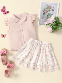 SHEIN Toddler Girls Ruffle Sleeve Top & Floral Print Skirt - Multicolor - View 1