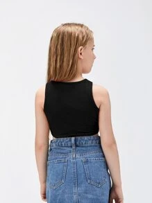 Tween Girl Slim Fit Sleeveless Round Neck Solid Color Short Crop Top - Black - View 2