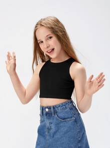 Tween Girl Slim Fit Sleeveless Round Neck Solid Color Short Crop Top - Black - View 4