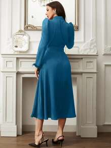 Modelyn Fuzzy Cuff Puff Sleeve Belted Dress - Blue - View 2