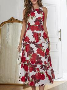 Modelyn Floral Print Layered Hem Chiffon Dress Long Evening Dresses - Multicolor - View 4