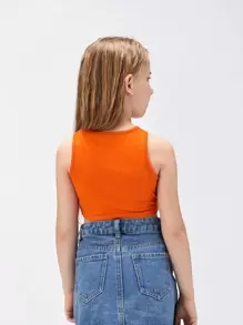 SHEIN Tween Girl And Elegant Solid Color Sleeveless Round Neck Crop Top - Orange - View 2