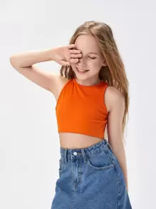 SHEIN Tween Girl And Elegant Solid Color Sleeveless Round Neck Crop Top - Orange - View 3