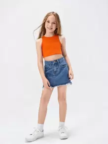 SHEIN Tween Girl And Elegant Solid Color Sleeveless Round Neck Crop Top - Orange - View 5