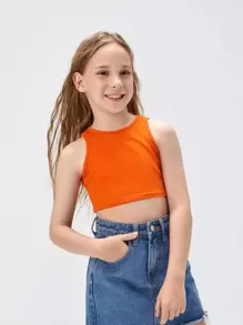SHEIN Tween Girl And Elegant Solid Color Sleeveless Round Neck Crop Top - Orange - View 6