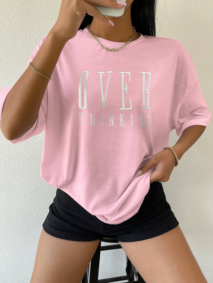 SHEIN Unity Drop Shoulder Letter Embroidery Top - Baby Pink - View 1