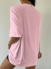 SHEIN Unity Drop Shoulder Letter Embroidery Top - Baby Pink - View 2