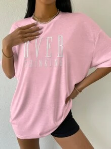 SHEIN Unity Drop Shoulder Letter Embroidery Top - Baby Pink - View 3