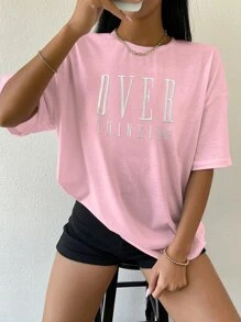 SHEIN Unity Drop Shoulder Letter Embroidery Top - Baby Pink - View 5