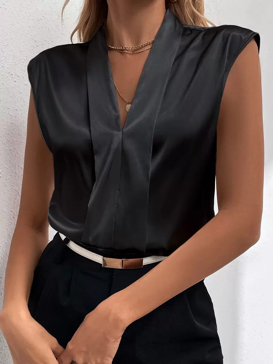 Solid Satin Blouse - Black - View 1