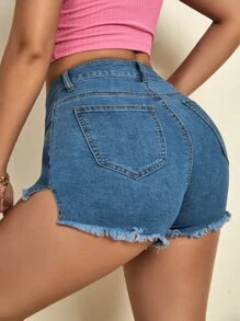 SHEIN SXY Shorts en mezclilla ribete sin dobladillo bajo con abertura - Azul lavado medio - Ver 3