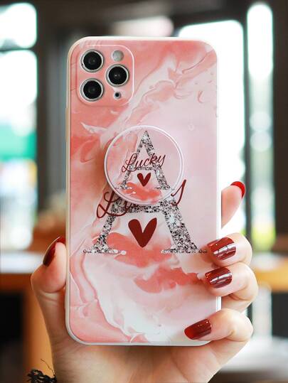 Letter Graphic Phone Case With Stand-Out Phone Grip
