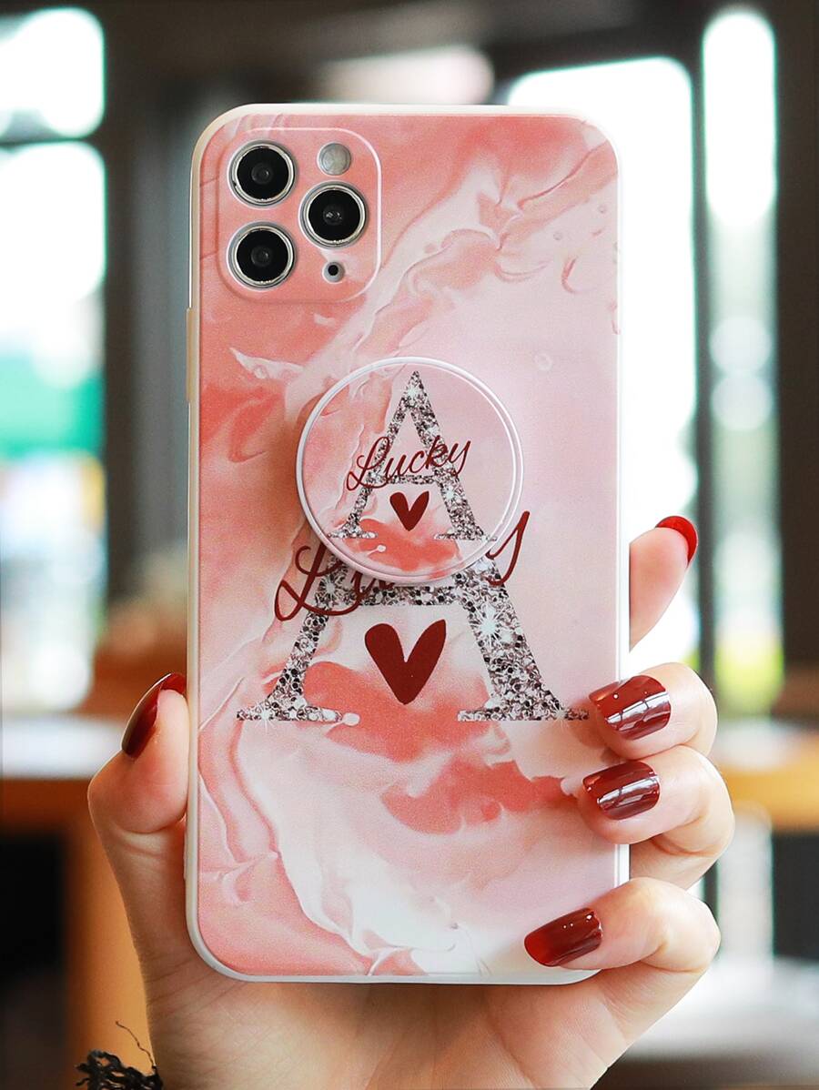 Letter Graphic Phone Case With Stand-Out Phone Grip - Multicolor - View 1
