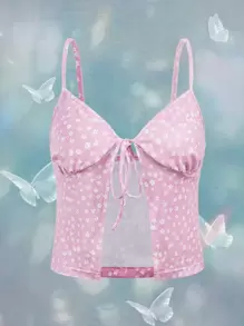 ROMWE Ditsy Floral Tie Front Cami Top - Pink - View 1