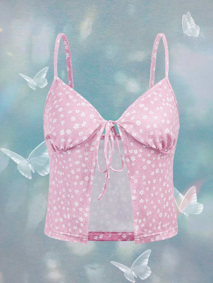 ROMWE Ditsy Floral Tie Front Cami Top - Pink - View 1