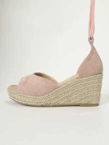 女士腿部繫帶設計編織度假粉色仿麂皮坡跟涼鞋 - 粉色 - 查看 6