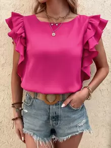 SHEIN Privé Blusa de manga con volante unicolor