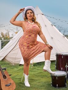 Plus Space Dye Jumper Dress Without Belt - Multicolor - View 3