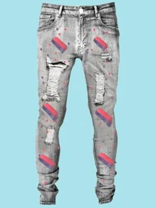 Quần Jeans Nam Túi Bị tách Đồ họa - Xám - Xem 1