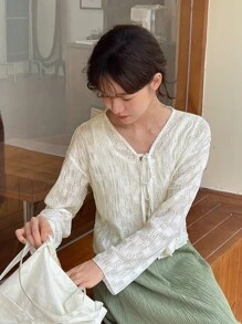 DAZY Knot Front Lace Blouse Without Tank Top - Beige - View 4