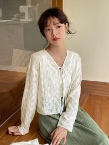 DAZY Knot Front Lace Blouse Without Tank Top - Beige - View 7