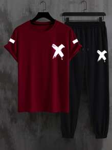 Manfinity Men Reflective Brush Print Tee & Drawstring Waist Sweatpants - Multicolor - View 1