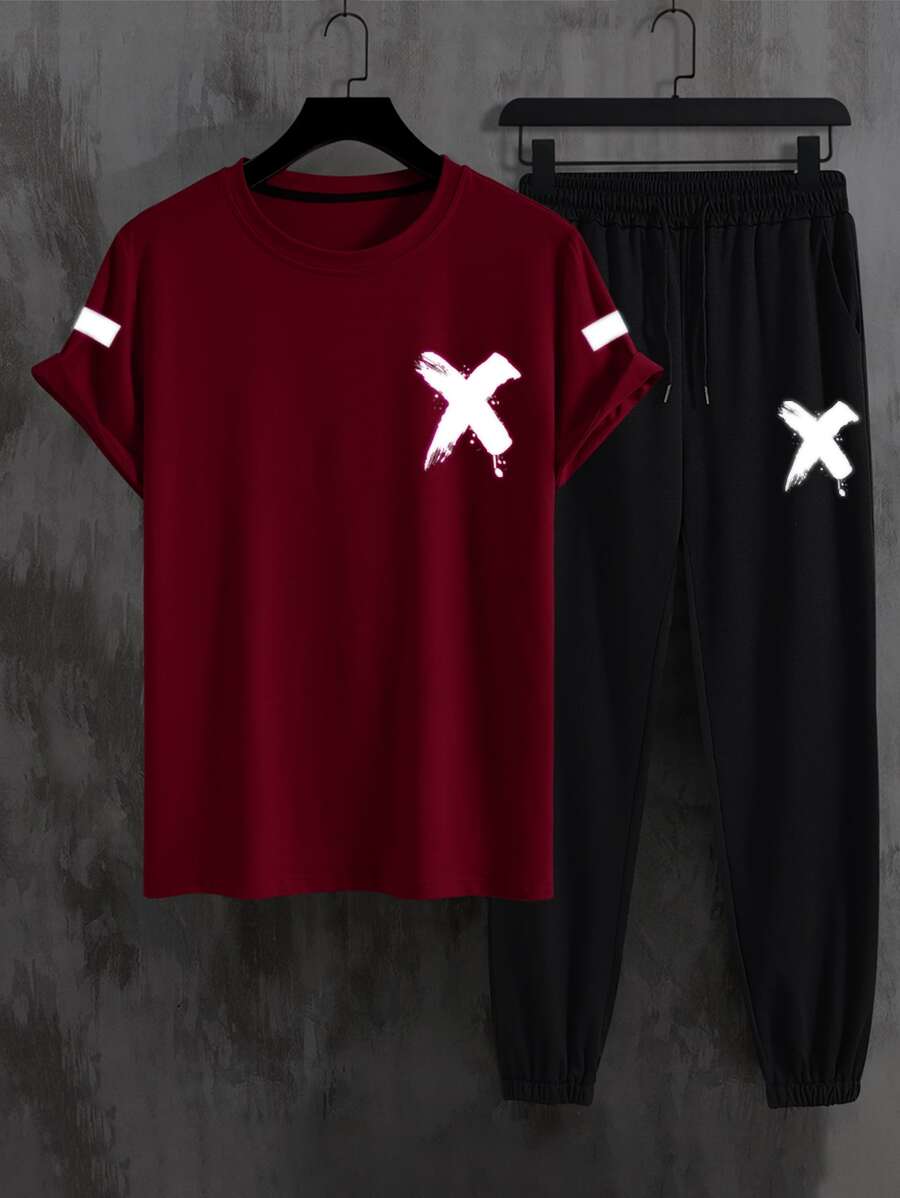 Manfinity Men Reflective Brush Print Tee & Drawstring Waist Sweatpants - Multicolor - View 1