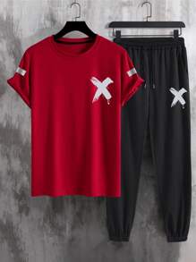Manfinity Men Reflective Brush Print Tee & Drawstring Waist Sweatpants - Multicolor - View 8