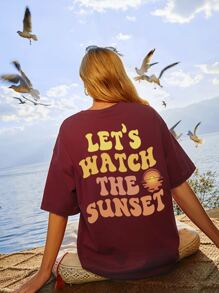 SHEIN Unity Camiseta de hombros caídos con estampado de slogan y sol - Burdeos - Ver 1