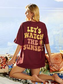 SHEIN Unity Camiseta de hombros caídos con estampado de slogan y sol - Burdeos - Ver 4