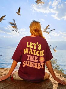SHEIN Unity Camiseta de hombros caídos con estampado de slogan y sol - Burdeos - Ver 5