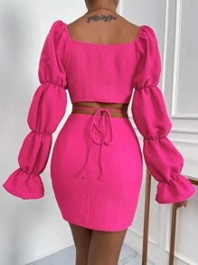Allurite Cut Out Gathered Sleeve Flounce Cuff Crop Top & Bodycon Skirt - Hot Pink - View 2