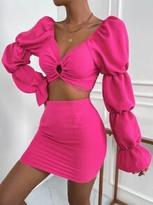 Allurite Cut Out Gathered Sleeve Flounce Cuff Crop Top & Bodycon Skirt - Hot Pink - View 5
