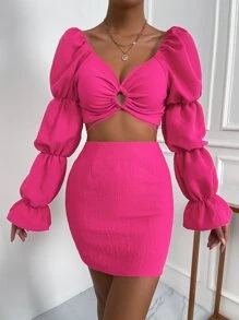 Allurite Cut Out Gathered Sleeve Flounce Cuff Crop Top & Bodycon Skirt - Hot Pink - View 6