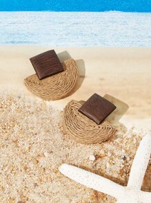 SHEIN VCAY Geometric Straw Stud Earrings - Brown - View 4
