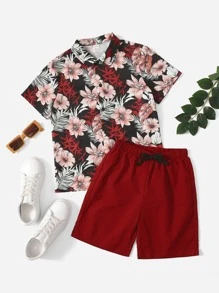 SHEIN Bộ hai mảnh Trai Thắt nút Nút phía trước Hoa Giải trí - Màu Đỏ Sâu - Xem 1