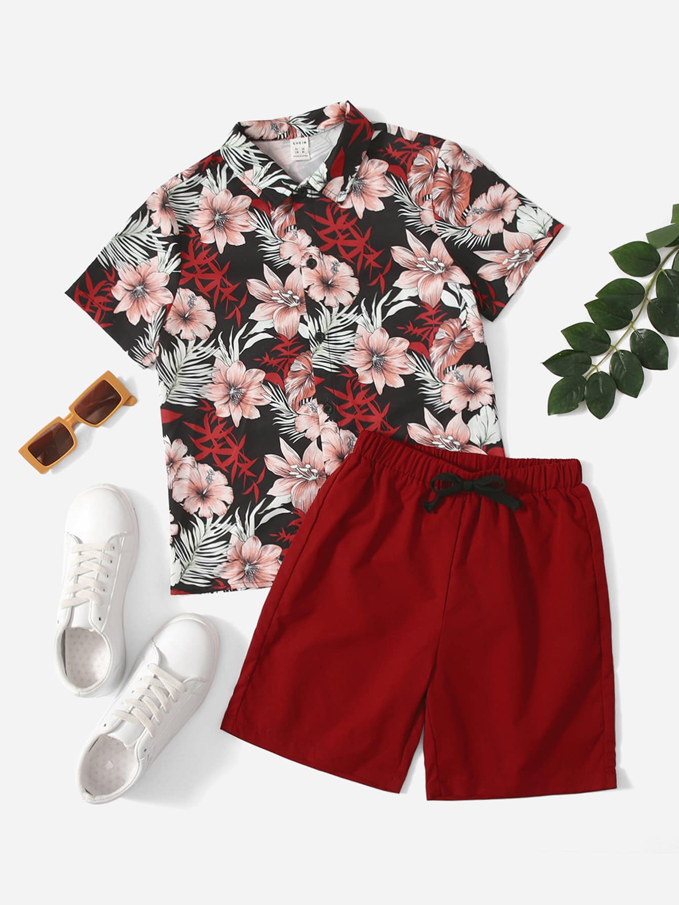 SHEIN Bộ hai mảnh Trai Thắt nút Nút phía trước Hoa Giải trí - Màu Đỏ Sâu - Xem 1