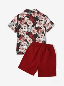 SHEIN Bộ hai mảnh Trai Thắt nút Nút phía trước Hoa Giải trí - Màu Đỏ Sâu - Xem 2