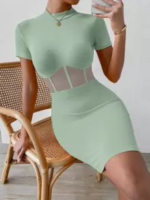 SHEIN SXY Mesh Insert Mock Neck Bodycon Dress - Mint Green - View 1