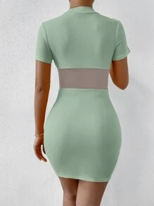 SHEIN SXY Mesh Insert Mock Neck Bodycon Dress - Mint Green - View 2