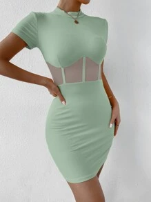 SHEIN SXY Mesh Insert Mock Neck Bodycon Dress - Mint Green - View 3