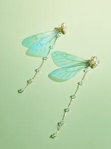 ROMWE Fairycore 翅膀和水鑽蝴蝶結裝飾耳夾 - 淺藍色 - 查看 4