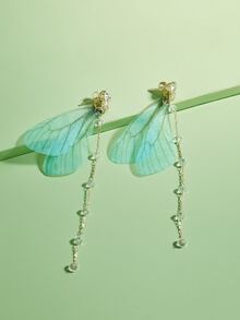 ROMWE Fairycore 翅膀和水鑽蝴蝶結裝飾耳夾 - 淺藍色 - 查看 5