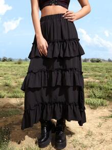 ROMWE Goth Renaissance Solid Ruffle Hem Layered Skirt