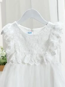 Contrast Lace Ruffle Trim Mesh Flower Young Girl Dress - White - View 3