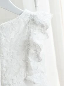 Contrast Lace Ruffle Trim Mesh Flower Young Girl Dress - White - View 5