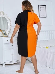 SHEIN LUNE Plus Colourblock Button Up High Low Hem Belted Shirt Dress - Multicolor - View 2