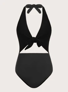 Solid Tie Front Cut Out One Piece Swimsuit - Black - View 2