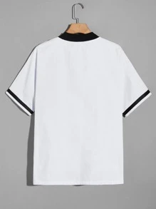 ROMWE MEN Prep Nam Lá thư Cổ bóng chày Nút phía trước Áo sơ mi - trắng - Xem 2